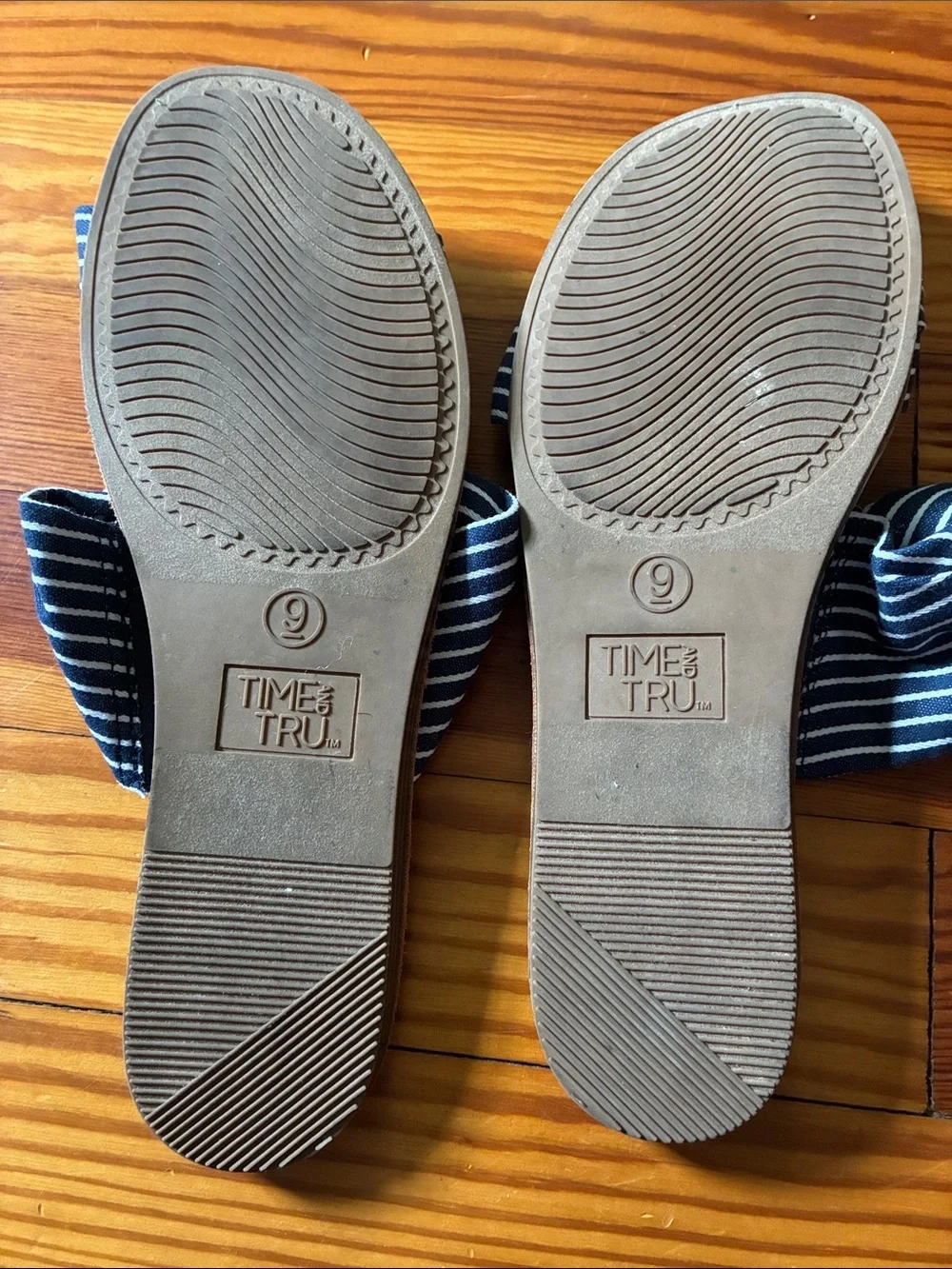 Time and Tru Navy and White Striped Knot Slide Sandals